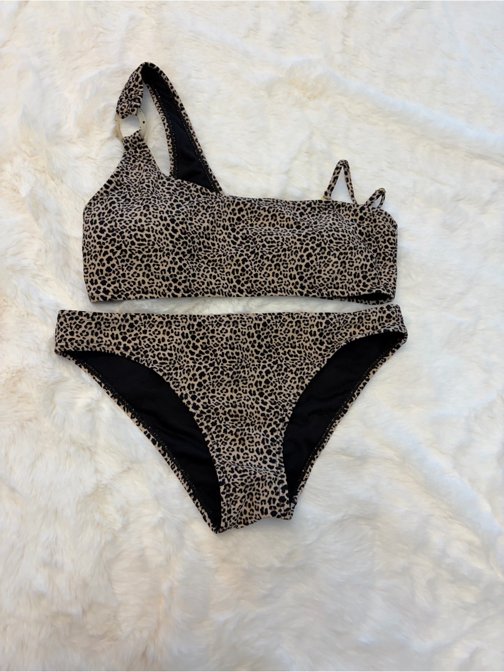 Leopard Print Asymmetric Bikini Set - Beige/Black